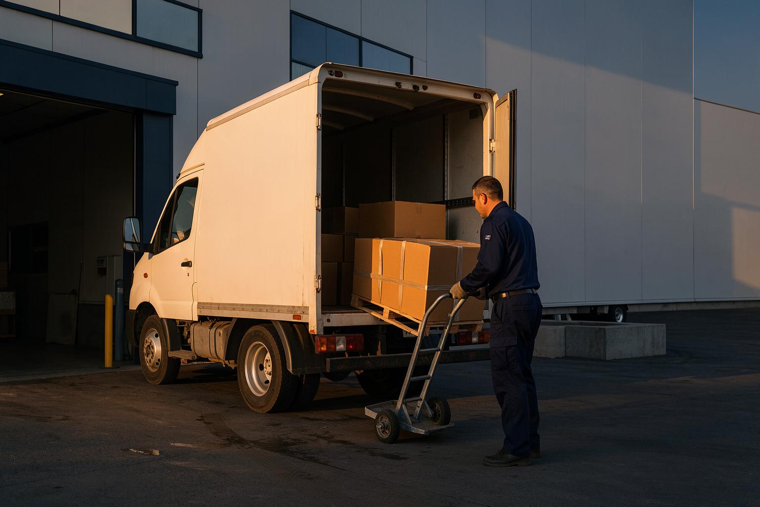 A box truck at a loading dock while a worker loads freight