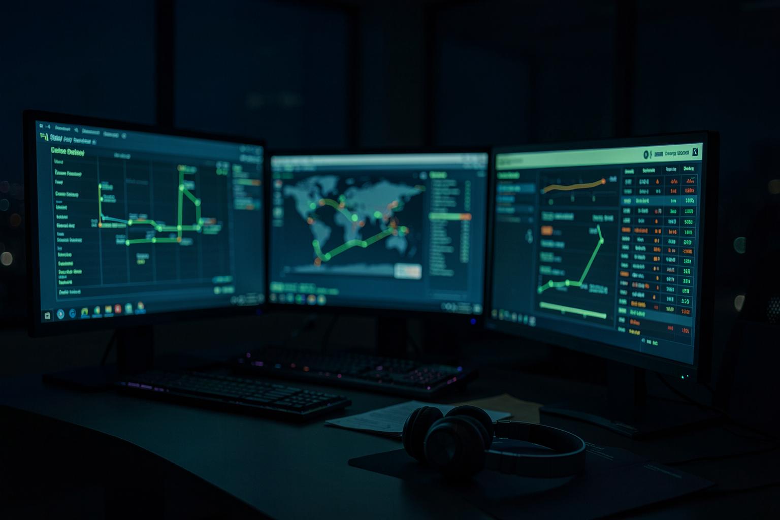 A dispatcher's workstation with route maps glowing on the screen at night