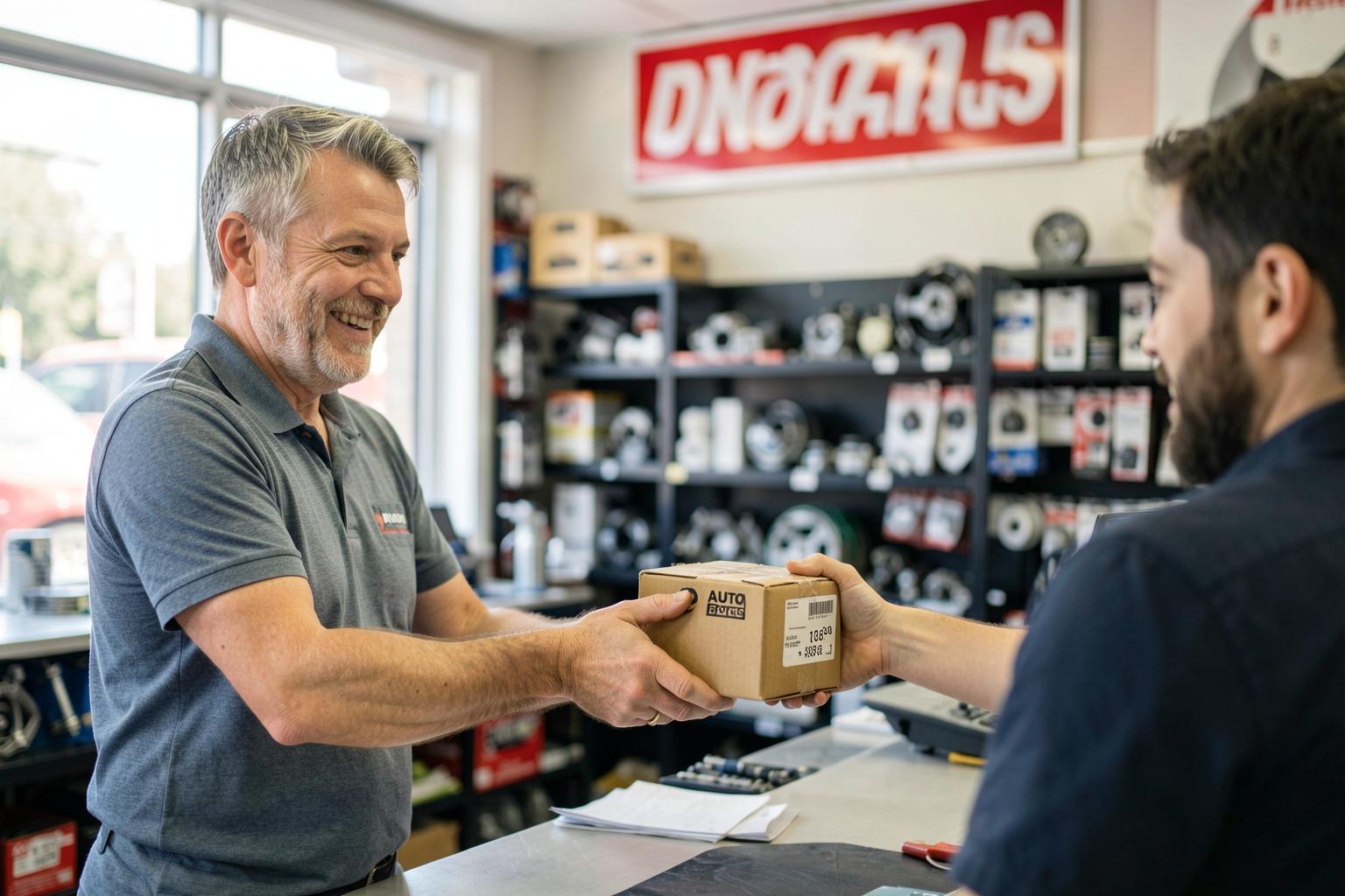 A driver handing a box across the counter to a store employee