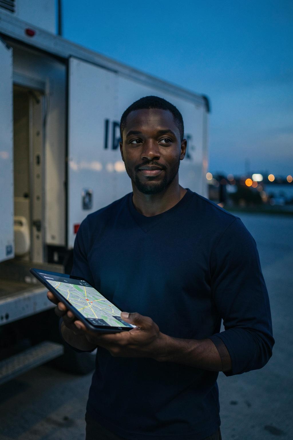 A My Routes Connection dispatcher standing by a box truck at dusk with a route map on his tablet
